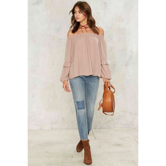 TCEC Womens Mauve Chiffon Lyric Bishop Sleeve Off-the-Shoulder Blouse Top Size M - Picture 10 of 12